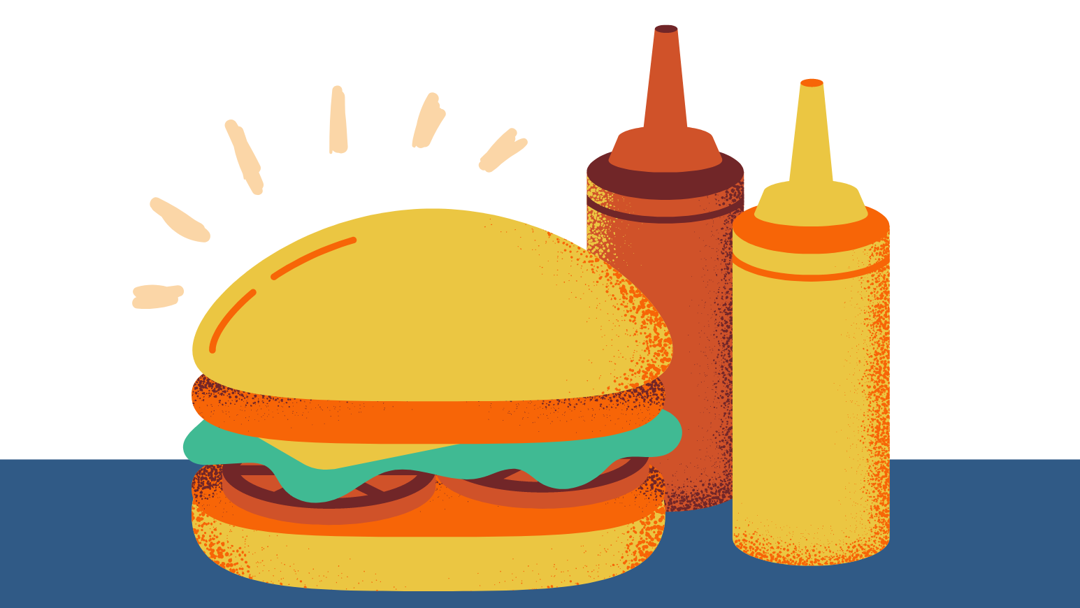 hamburger with cheese, lettuce, tomatoes, beef all on a yellow bun next to a red ketchup container and yellow mustard container