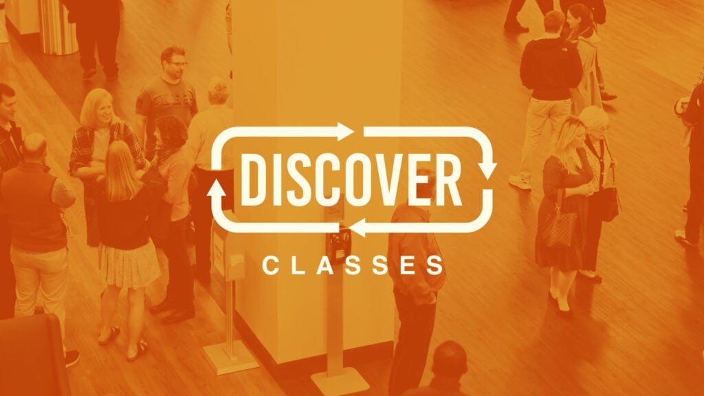 Discover logo with the word Discover being located in the middle of the rectangle arrows surrounding it on an orange background of a group of people talking after a service