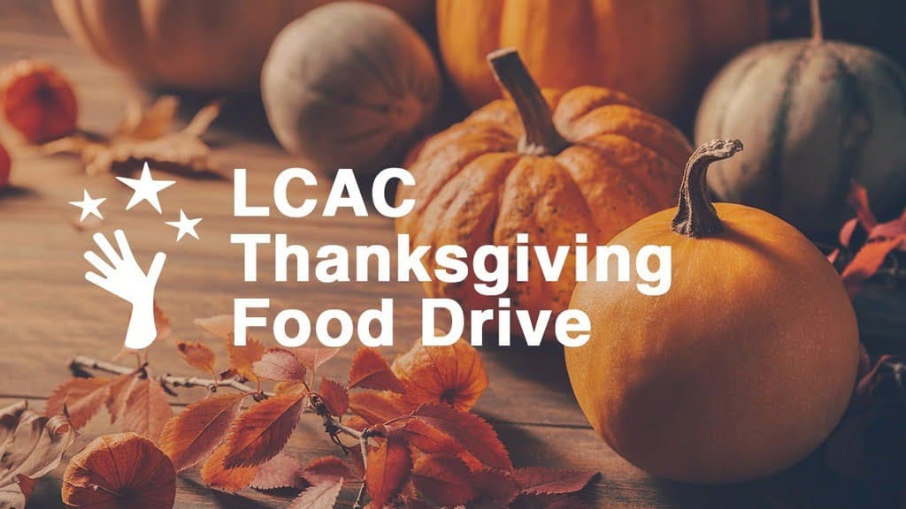 LCAC Thanksgiving Food Drive with pumpkins and leaves