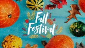 Fall festival logo with pumpkins and leaves
